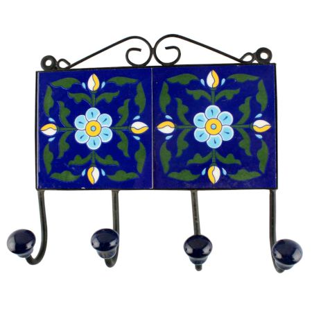 Navy Blue Ceramic Floral Tile Wall Hook Online
